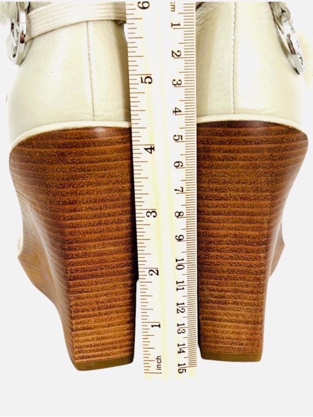Michael Kors Cream Leather Faux Fur Trim Wedge Ankle Boots Pom Pom MK Logo 7.5 - Picture 8 of 9